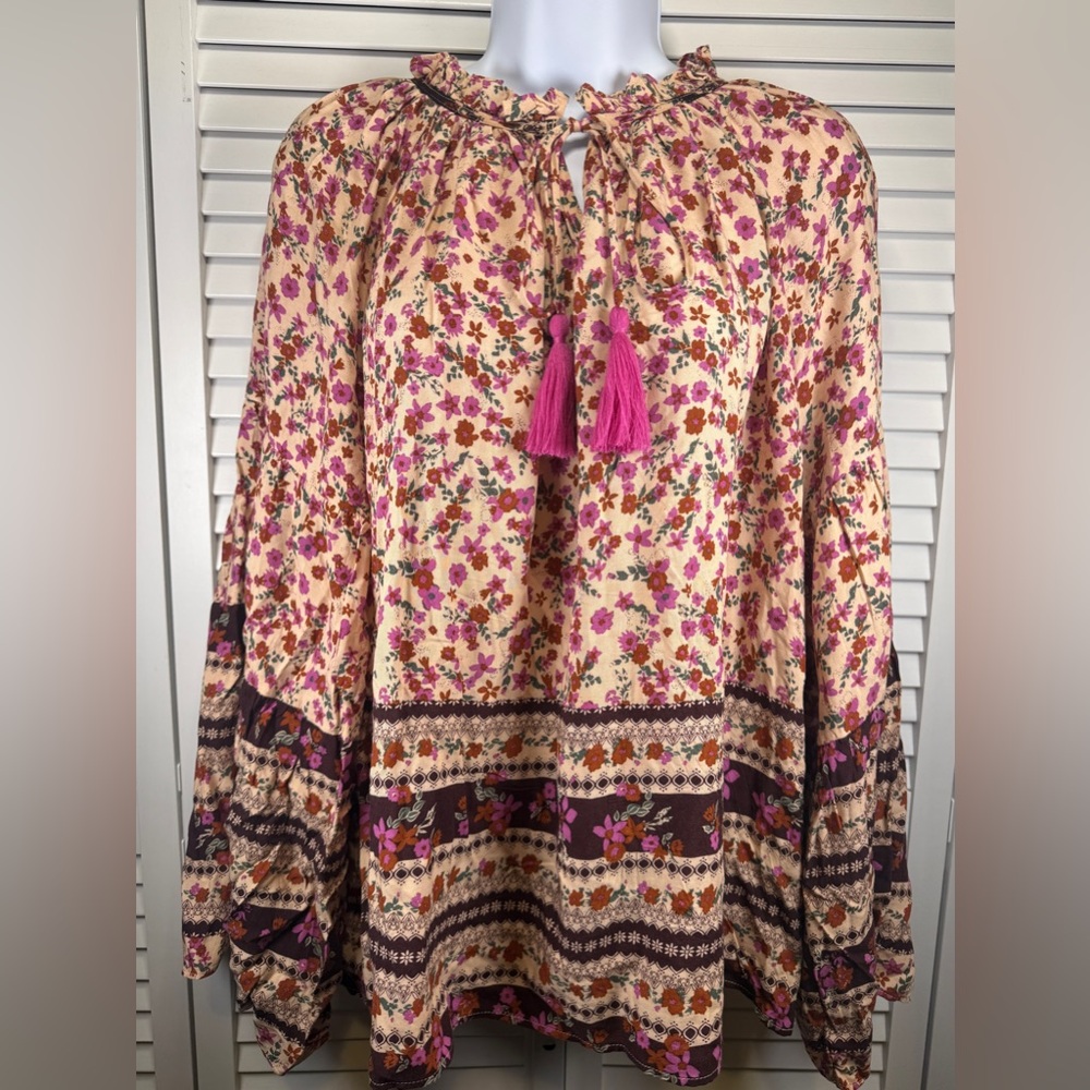 Bell Sleeve Vici Floral Peasant Blouse in Cream, Pink & Purple